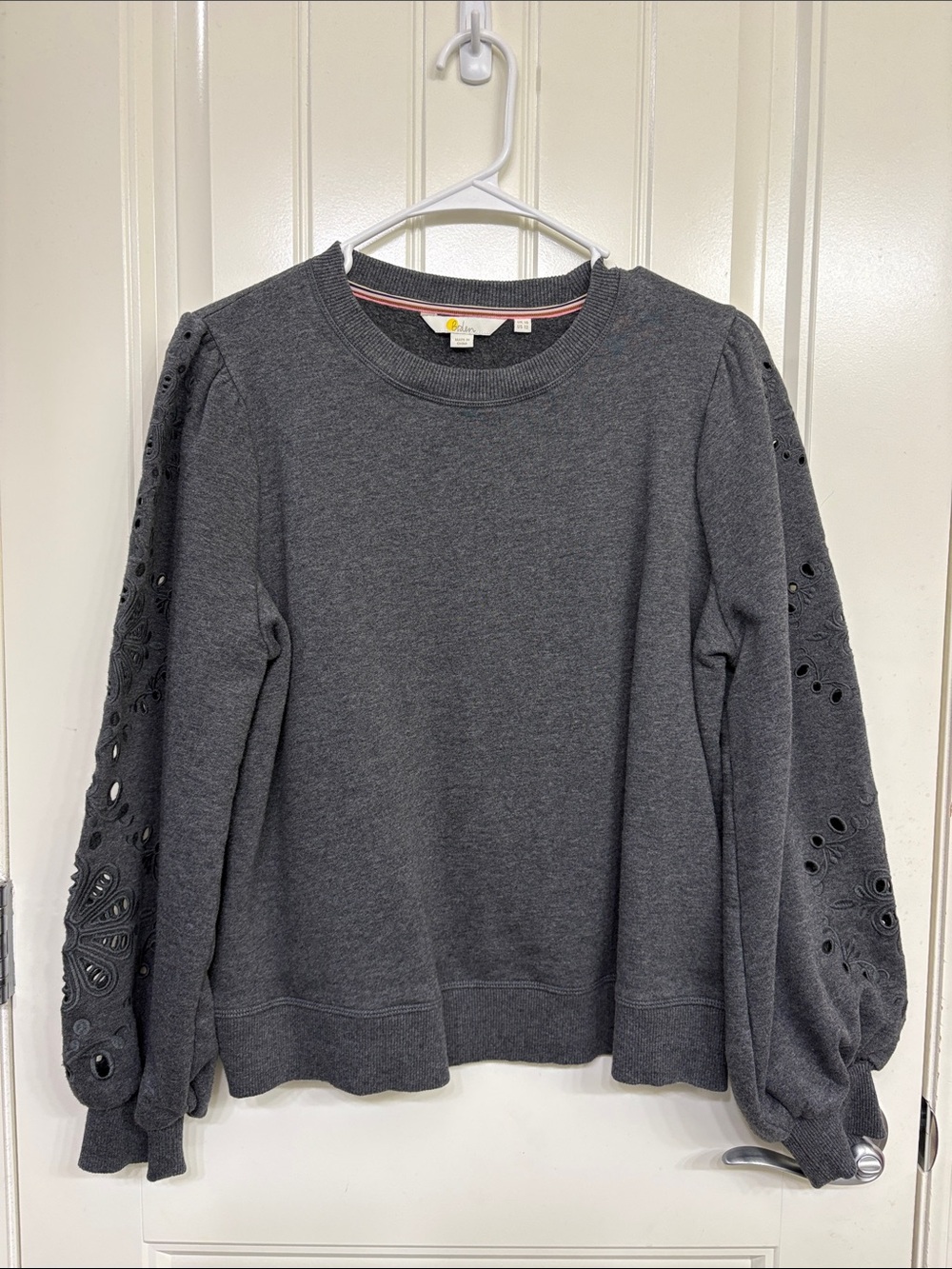Boden Charcoal Gray Embroidered Eyelet Sleeve Sweatshirt